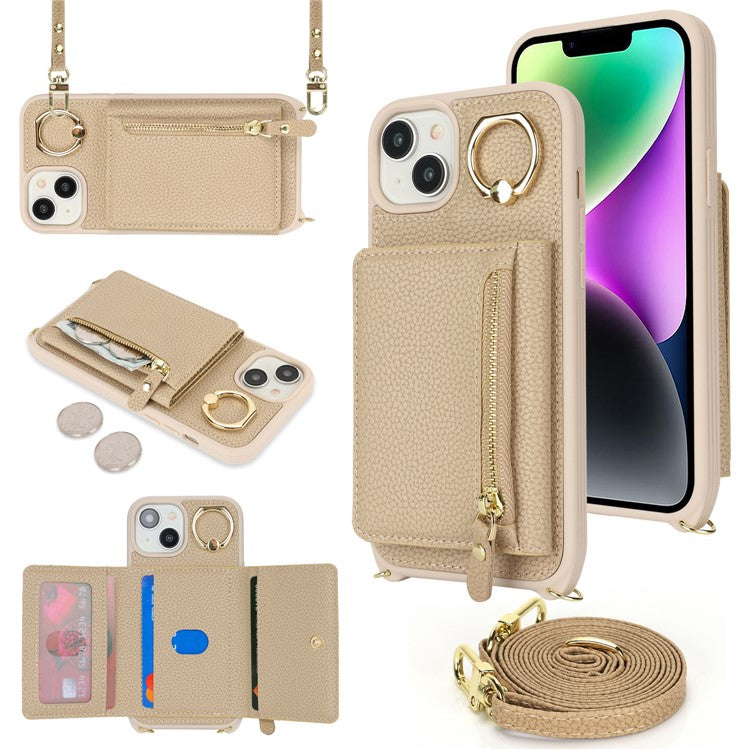 For-iPhone-14-/-13-Case-Litchi-Texture-Card-Bag-Leather+TPU-Crossbody-Phone-Cover-with-Ring-Kickstand---Beige