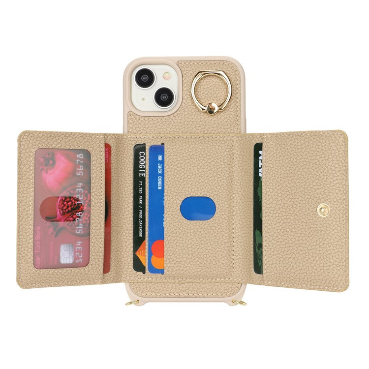 For-iPhone-14-/-13-Case-Litchi-Texture-Card-Bag-Leather+TPU-Crossbody-Phone-Cover-with-Ring-Kickstand---Beige