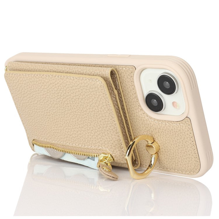 For-iPhone-14-/-13-Case-Litchi-Texture-Card-Bag-Leather+TPU-Crossbody-Phone-Cover-with-Ring-Kickstand---Beige