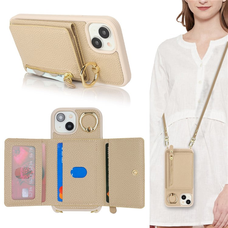 For-iPhone-14-/-13-Case-Litchi-Texture-Card-Bag-Leather+TPU-Crossbody-Phone-Cover-with-Ring-Kickstand---Beige