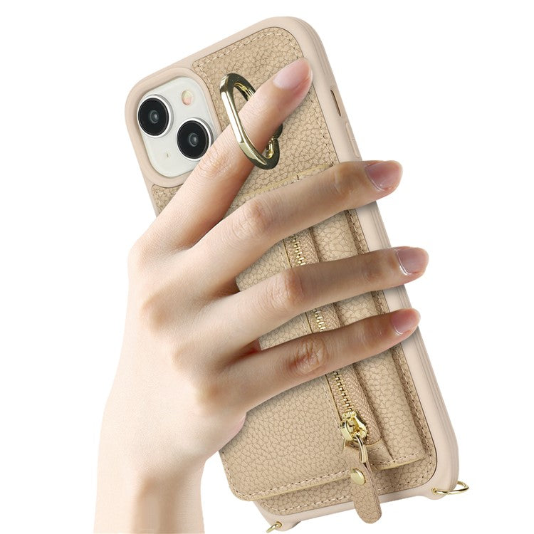 For-iPhone-14-/-13-Case-Litchi-Texture-Card-Bag-Leather+TPU-Crossbody-Phone-Cover-with-Ring-Kickstand---Beige