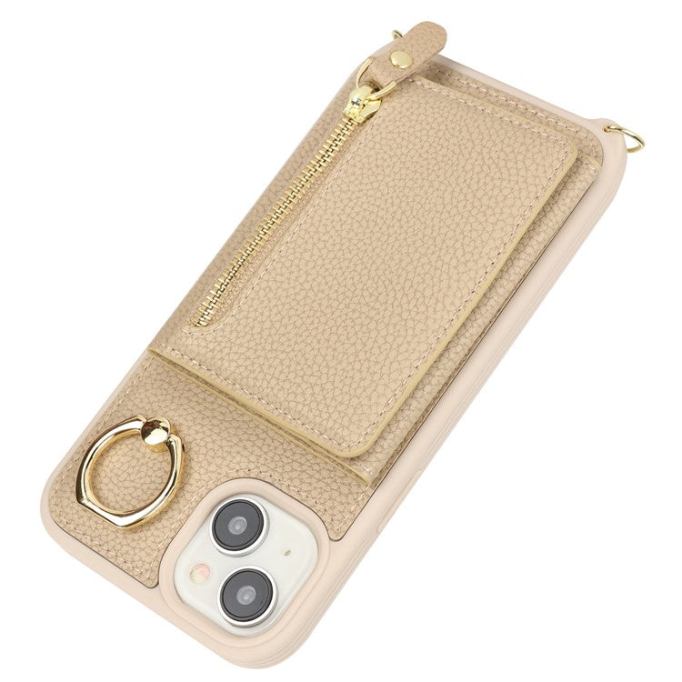 For-iPhone-14-/-13-Case-Litchi-Texture-Card-Bag-Leather+TPU-Crossbody-Phone-Cover-with-Ring-Kickstand---Beige