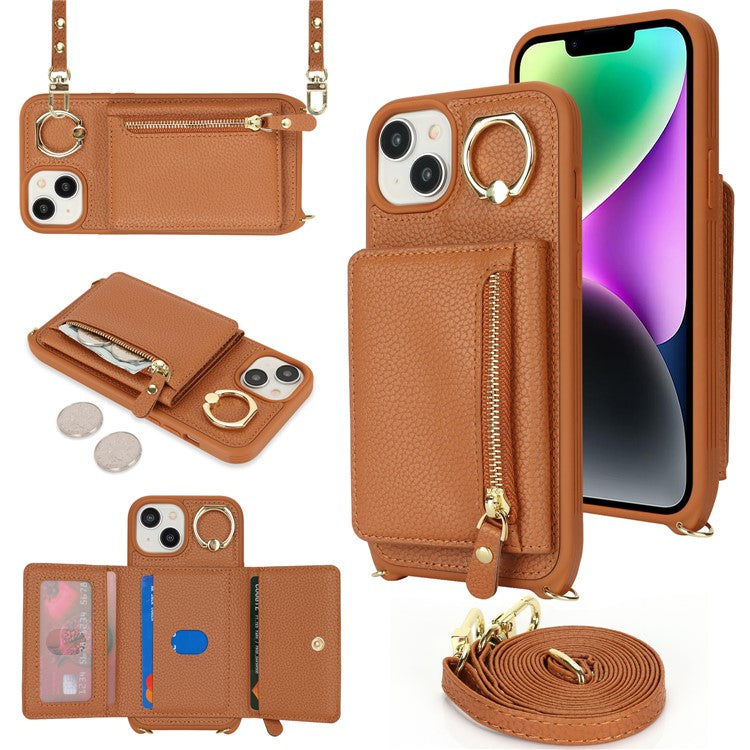 For-iPhone-14-/-13-Case-Litchi-Texture-Card-Bag-Leather+TPU-Crossbody-Phone-Cover-with-Ring-Kickstand---Brown