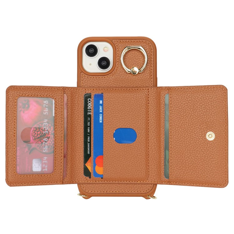 For-iPhone-14-/-13-Case-Litchi-Texture-Card-Bag-Leather+TPU-Crossbody-Phone-Cover-with-Ring-Kickstand---Brown