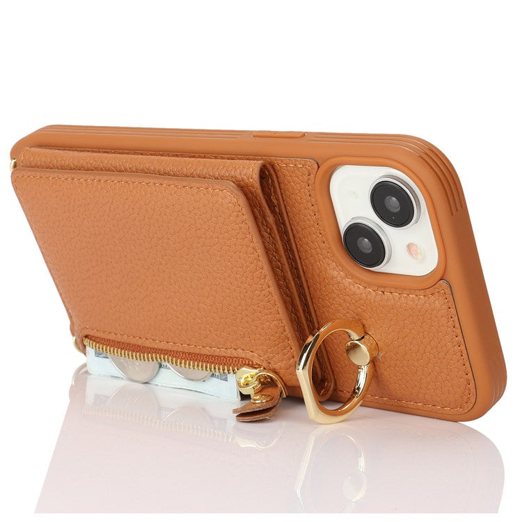 For-iPhone-14-/-13-Case-Litchi-Texture-Card-Bag-Leather+TPU-Crossbody-Phone-Cover-with-Ring-Kickstand---Brown