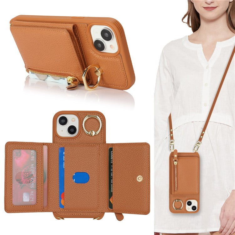 For-iPhone-14-/-13-Case-Litchi-Texture-Card-Bag-Leather+TPU-Crossbody-Phone-Cover-with-Ring-Kickstand---Brown