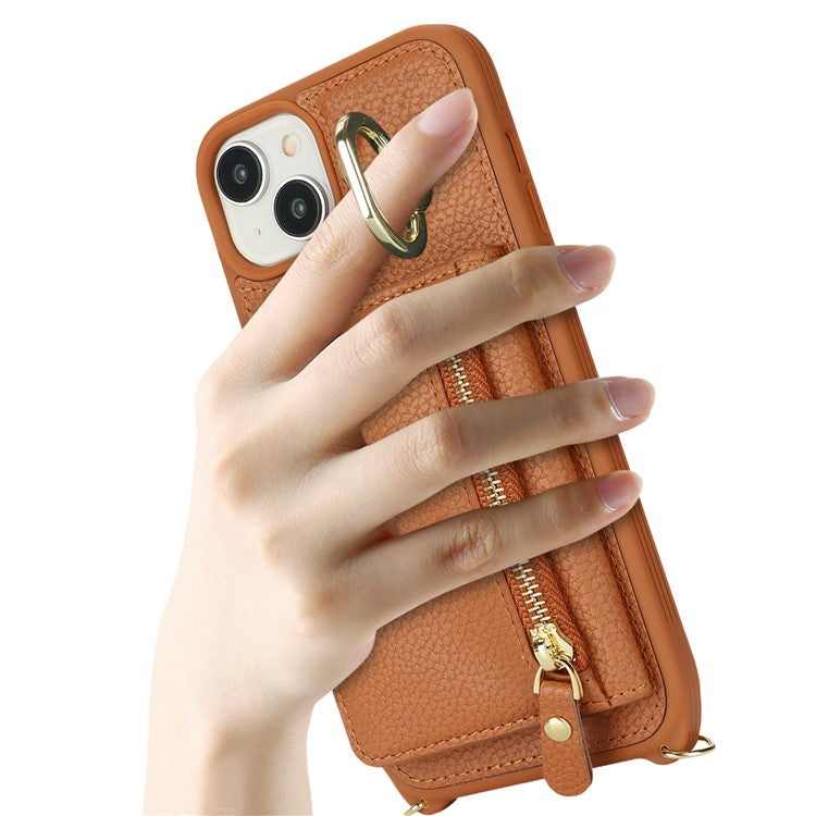 For-iPhone-14-/-13-Case-Litchi-Texture-Card-Bag-Leather+TPU-Crossbody-Phone-Cover-with-Ring-Kickstand---Brown