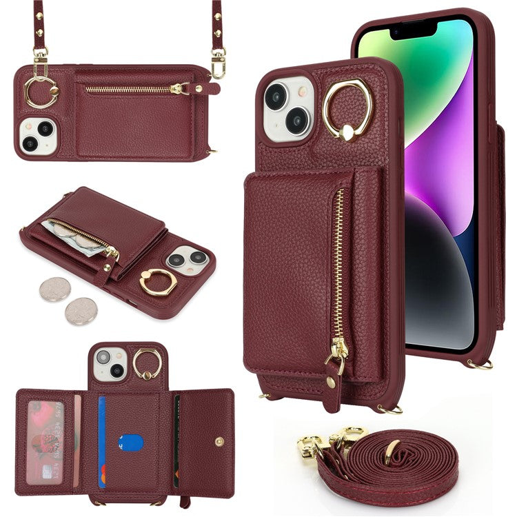 For-iPhone-14-/-13-Case-Litchi-Texture-Card-Bag-Leather+TPU-Crossbody-Phone-Cover-with-Ring-Kickstand---Wine-Red