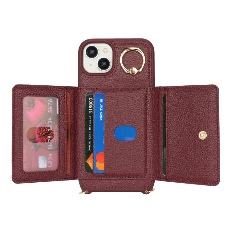 For-iPhone-14-/-13-Case-Litchi-Texture-Card-Bag-Leather+TPU-Crossbody-Phone-Cover-with-Ring-Kickstand---Wine-Red