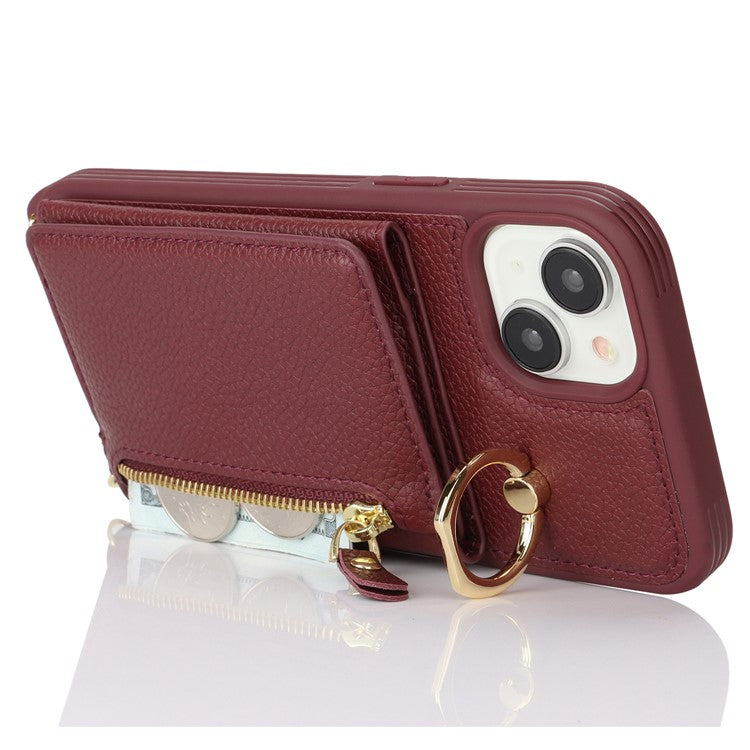 For-iPhone-14-/-13-Case-Litchi-Texture-Card-Bag-Leather+TPU-Crossbody-Phone-Cover-with-Ring-Kickstand---Wine-Red