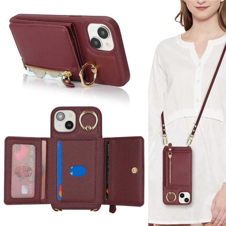 For-iPhone-14-/-13-Case-Litchi-Texture-Card-Bag-Leather+TPU-Crossbody-Phone-Cover-with-Ring-Kickstand---Wine-Red