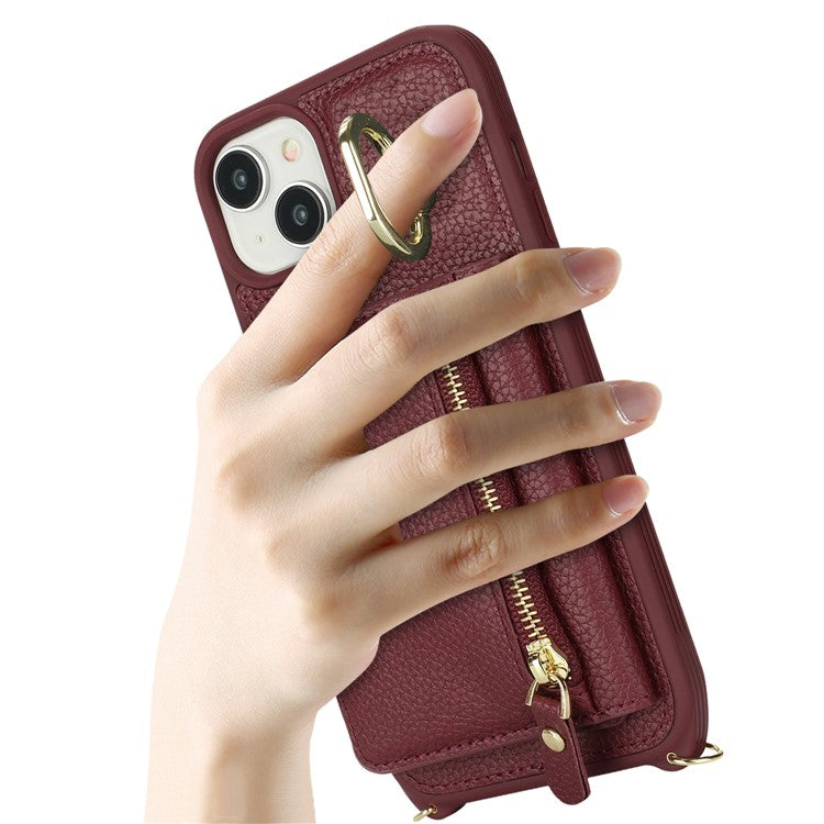 For-iPhone-14-/-13-Case-Litchi-Texture-Card-Bag-Leather+TPU-Crossbody-Phone-Cover-with-Ring-Kickstand---Wine-Red