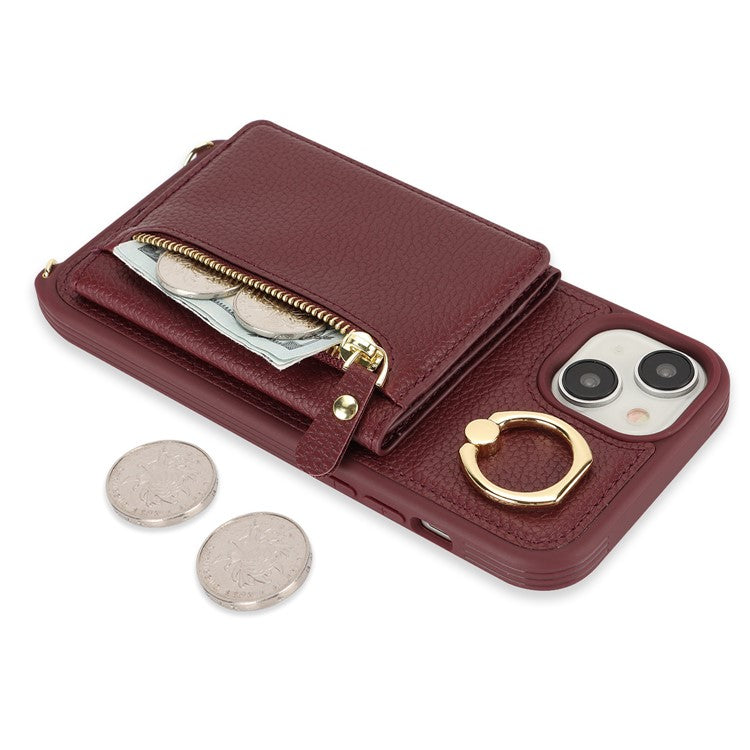 For-iPhone-14-/-13-Case-Litchi-Texture-Card-Bag-Leather+TPU-Crossbody-Phone-Cover-with-Ring-Kickstand---Wine-Red