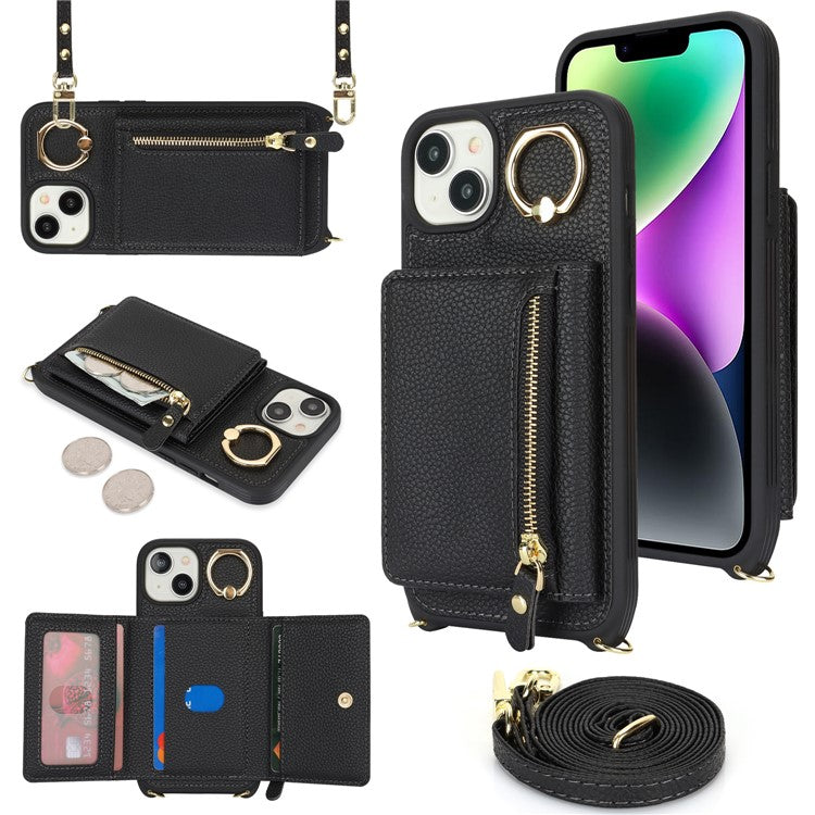 For-iPhone-14-/-13-Case-Litchi-Texture-Card-Bag-Leather+TPU-Crossbody-Phone-Cover-with-Ring-Kickstand---Black