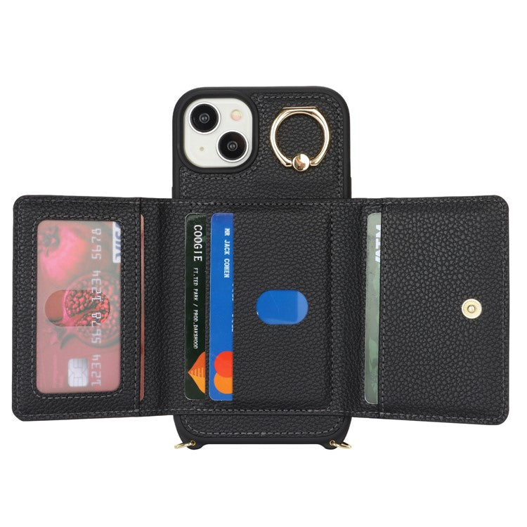 For-iPhone-14-/-13-Case-Litchi-Texture-Card-Bag-Leather+TPU-Crossbody-Phone-Cover-with-Ring-Kickstand---Black