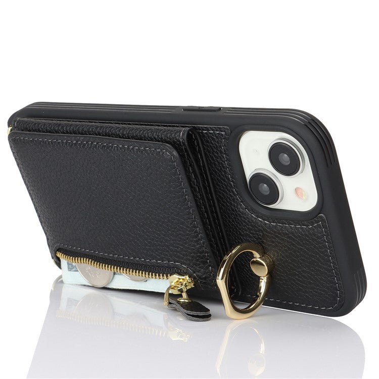 For-iPhone-14-/-13-Case-Litchi-Texture-Card-Bag-Leather+TPU-Crossbody-Phone-Cover-with-Ring-Kickstand---Black