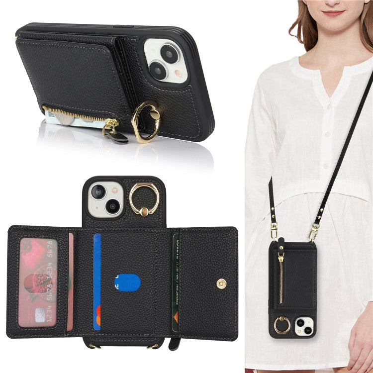 For-iPhone-14-/-13-Case-Litchi-Texture-Card-Bag-Leather+TPU-Crossbody-Phone-Cover-with-Ring-Kickstand---Black