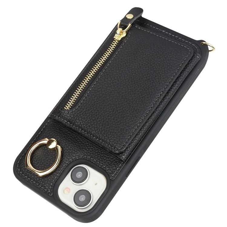 For-iPhone-14-/-13-Case-Litchi-Texture-Card-Bag-Leather+TPU-Crossbody-Phone-Cover-with-Ring-Kickstand---Black