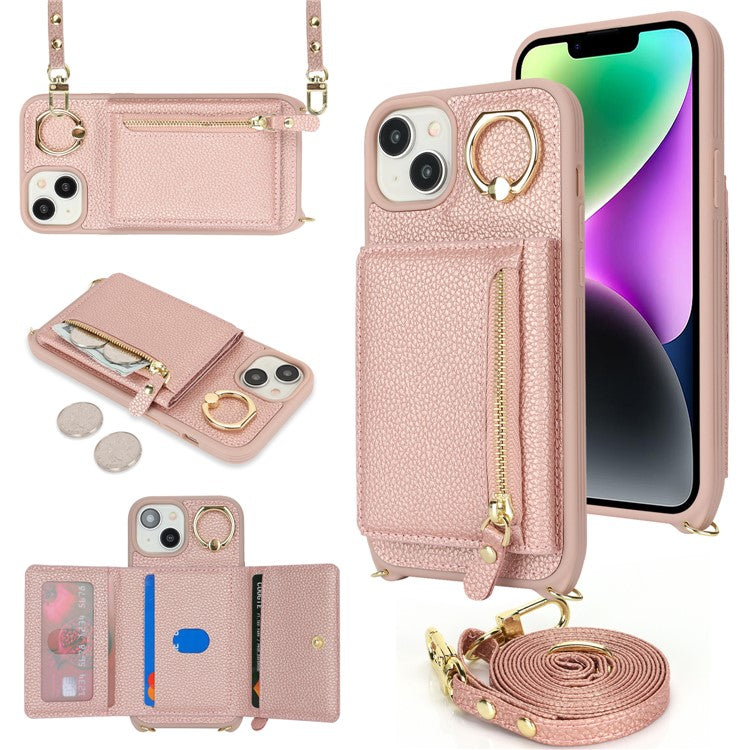 For-iPhone-14-/-13-Case-Litchi-Texture-Card-Bag-Leather+TPU-Crossbody-Phone-Cover-with-Ring-Kickstand---Rose-Gold