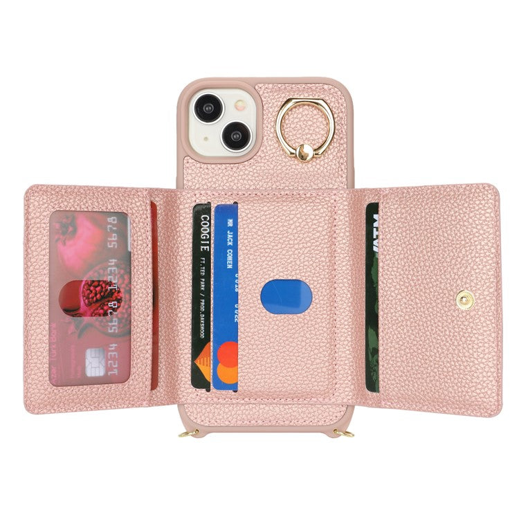 For-iPhone-14-/-13-Case-Litchi-Texture-Card-Bag-Leather+TPU-Crossbody-Phone-Cover-with-Ring-Kickstand---Rose-Gold