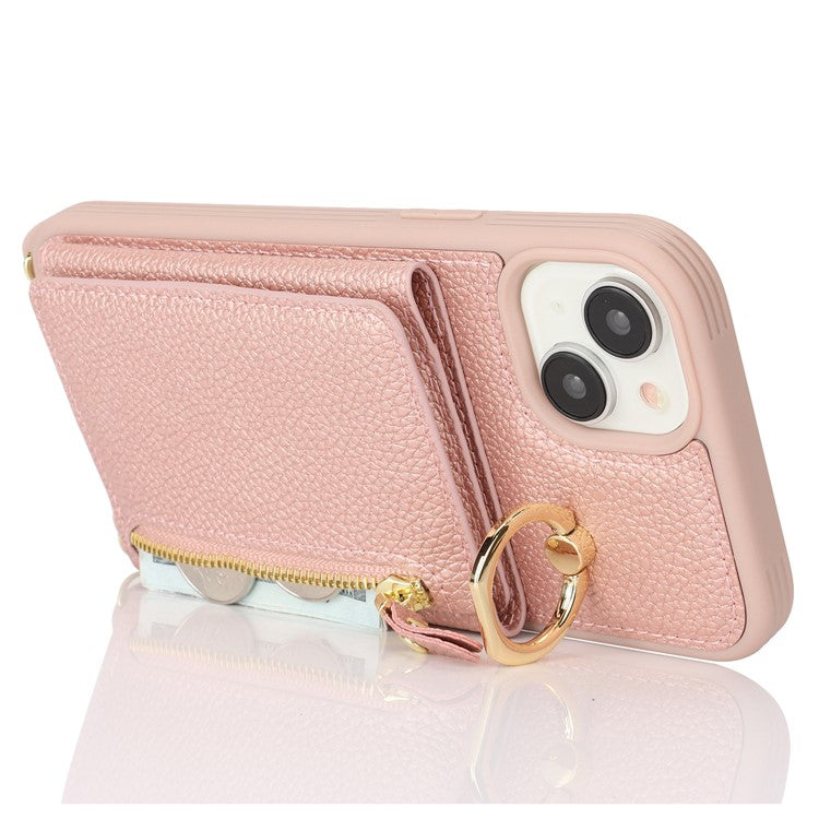 For-iPhone-14-/-13-Case-Litchi-Texture-Card-Bag-Leather+TPU-Crossbody-Phone-Cover-with-Ring-Kickstand---Rose-Gold