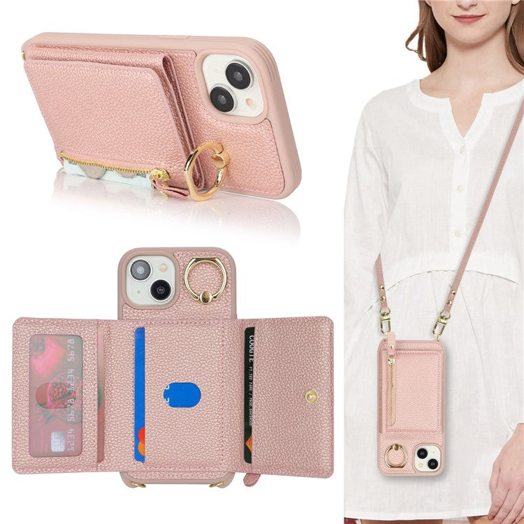 For-iPhone-14-/-13-Case-Litchi-Texture-Card-Bag-Leather+TPU-Crossbody-Phone-Cover-with-Ring-Kickstand---Rose-Gold