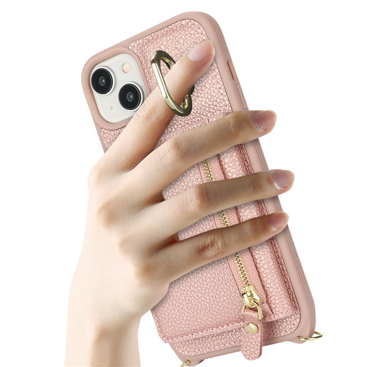 For-iPhone-14-/-13-Case-Litchi-Texture-Card-Bag-Leather+TPU-Crossbody-Phone-Cover-with-Ring-Kickstand---Rose-Gold