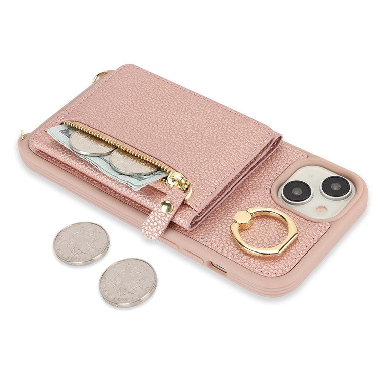 For-iPhone-14-/-13-Case-Litchi-Texture-Card-Bag-Leather+TPU-Crossbody-Phone-Cover-with-Ring-Kickstand---Rose-Gold