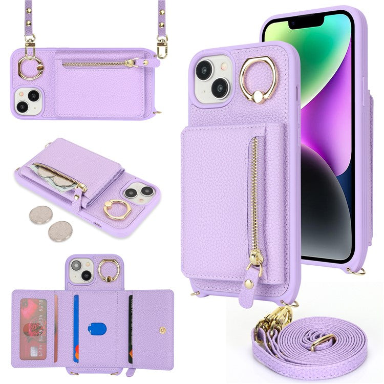 For-iPhone-14-/-13-Case-Litchi-Texture-Card-Bag-Leather+TPU-Crossbody-Phone-Cover-with-Ring-Kickstand---Purple