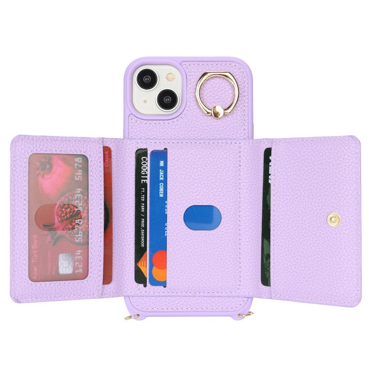 For-iPhone-14-/-13-Case-Litchi-Texture-Card-Bag-Leather+TPU-Crossbody-Phone-Cover-with-Ring-Kickstand---Purple