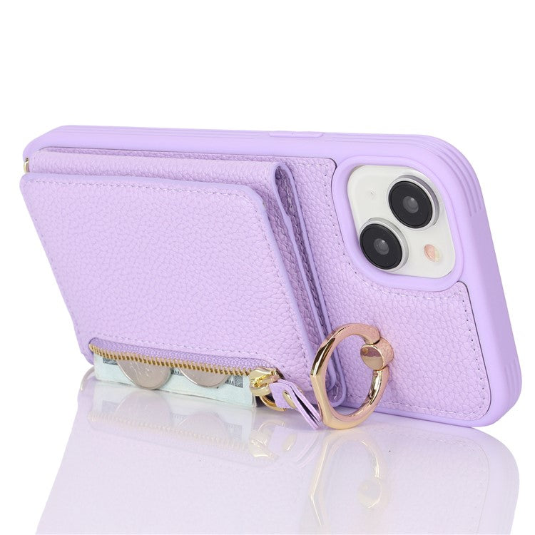 For-iPhone-14-/-13-Case-Litchi-Texture-Card-Bag-Leather+TPU-Crossbody-Phone-Cover-with-Ring-Kickstand---Purple