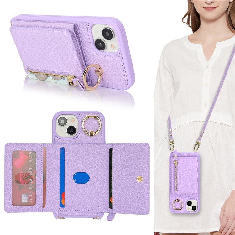 For-iPhone-14-/-13-Case-Litchi-Texture-Card-Bag-Leather+TPU-Crossbody-Phone-Cover-with-Ring-Kickstand---Purple