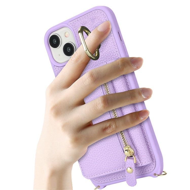 For-iPhone-14-/-13-Case-Litchi-Texture-Card-Bag-Leather+TPU-Crossbody-Phone-Cover-with-Ring-Kickstand---Purple