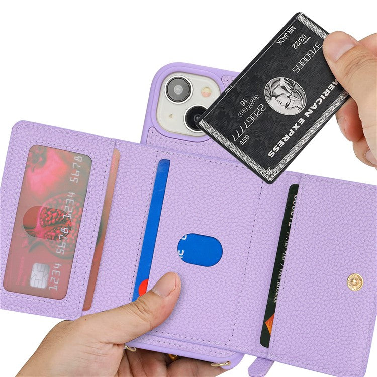 For-iPhone-14-/-13-Case-Litchi-Texture-Card-Bag-Leather+TPU-Crossbody-Phone-Cover-with-Ring-Kickstand---Purple