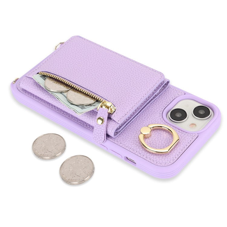 For-iPhone-14-/-13-Case-Litchi-Texture-Card-Bag-Leather+TPU-Crossbody-Phone-Cover-with-Ring-Kickstand---Purple