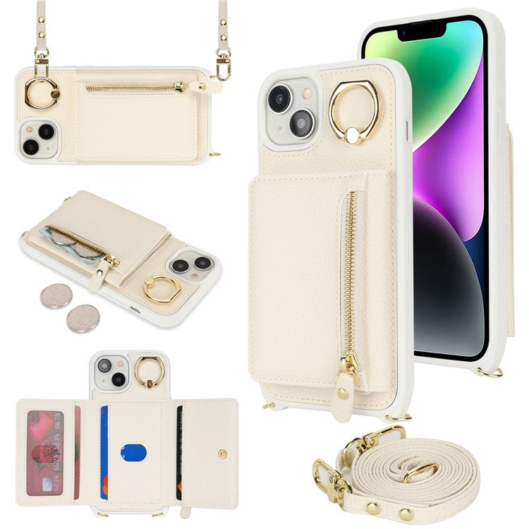 For-iPhone-14-/-13-Case-Litchi-Texture-Card-Bag-Leather+TPU-Crossbody-Phone-Cover-with-Ring-Kickstand---White