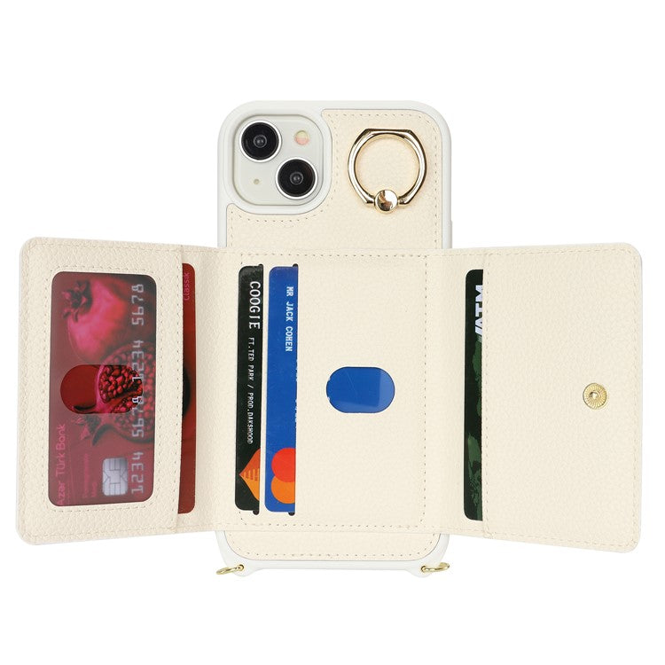 For-iPhone-14-/-13-Case-Litchi-Texture-Card-Bag-Leather+TPU-Crossbody-Phone-Cover-with-Ring-Kickstand---White