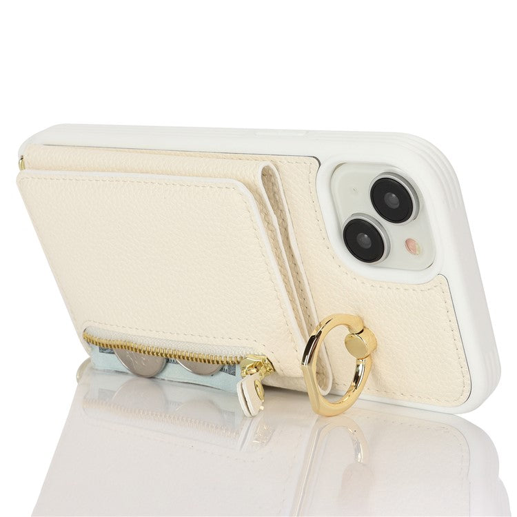 For-iPhone-14-/-13-Case-Litchi-Texture-Card-Bag-Leather+TPU-Crossbody-Phone-Cover-with-Ring-Kickstand---White