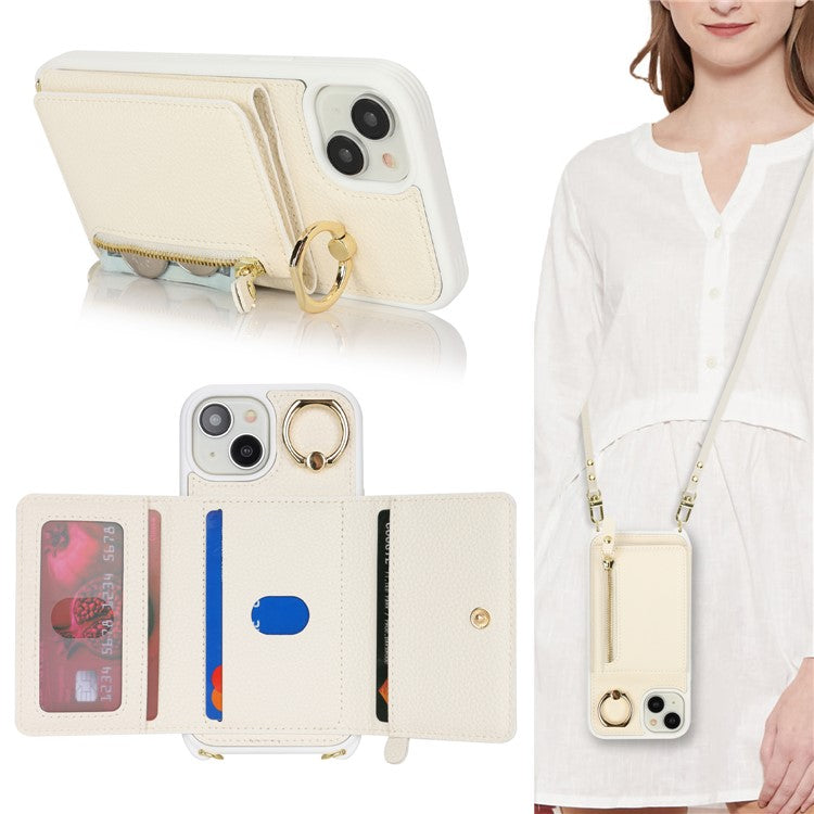 For-iPhone-14-/-13-Case-Litchi-Texture-Card-Bag-Leather+TPU-Crossbody-Phone-Cover-with-Ring-Kickstand---White