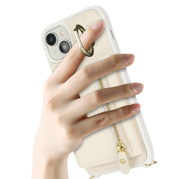 For-iPhone-14-/-13-Case-Litchi-Texture-Card-Bag-Leather+TPU-Crossbody-Phone-Cover-with-Ring-Kickstand---White