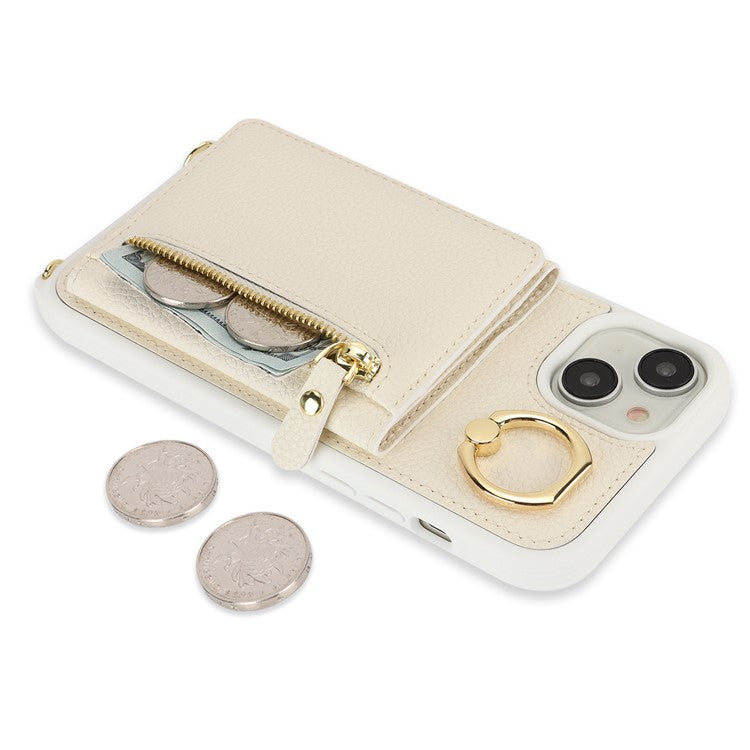 For-iPhone-14-/-13-Case-Litchi-Texture-Card-Bag-Leather+TPU-Crossbody-Phone-Cover-with-Ring-Kickstand---White