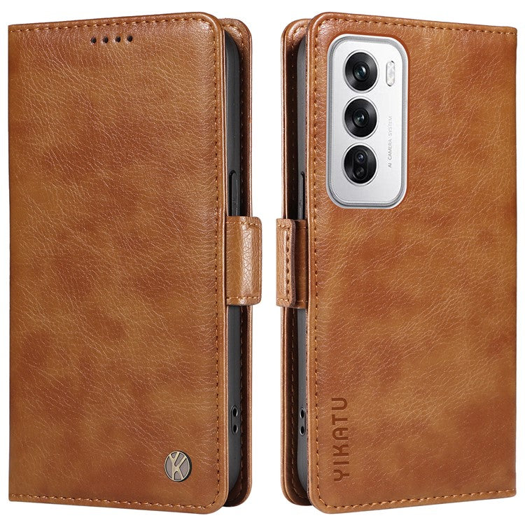 YIKATU YK-007 For Oppo Reno12 5G (Global) Phone Case Anti-Drop PU Leather Stand Wallet Cover - Brown