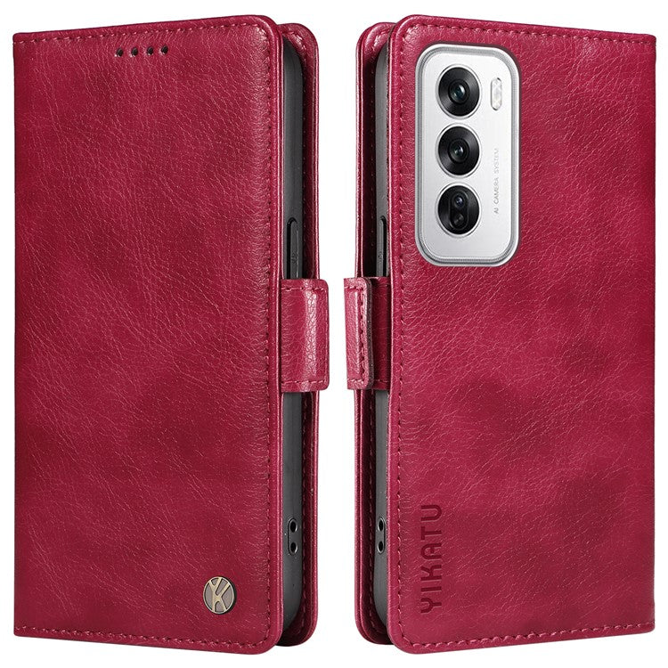 YIKATU YK-007 For Oppo Reno12 5G (Global) Phone Case Anti-Drop PU Leather Stand Wallet Cover - Wine Red