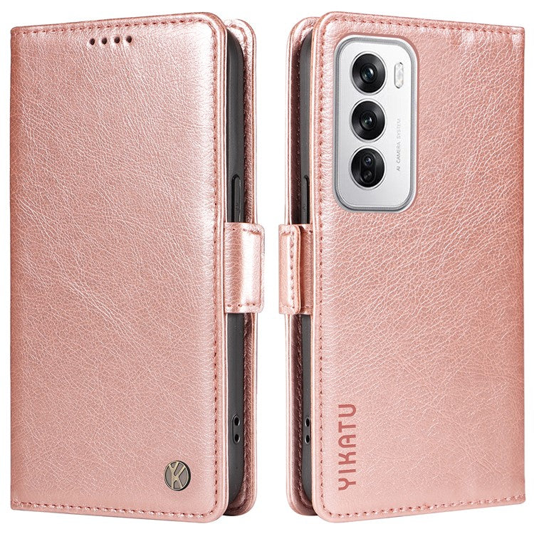 YIKATU YK-007 For Oppo Reno12 5G (Global) Phone Case Anti-Drop PU Leather Stand Wallet Cover - Rose Gold