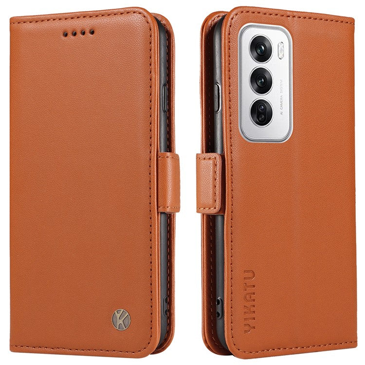 YIKATU YK-003 For Oppo Reno12 5G (Global) Case Magnetic Side Clasps Leather Wallet Phone Cover - Brown