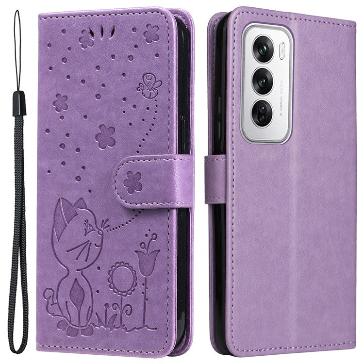 KT Imprinting Flower Series-4 For Oppo Reno12 5G (Global) Phone Case Imprinted Anti-drop Leather Stand Cover - Light Purple