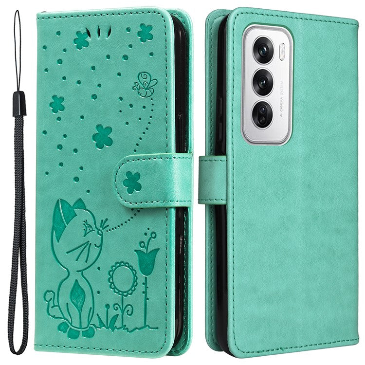 KT Imprinting Flower Series-4 For Oppo Reno12 5G (Global) Phone Case Imprinted Anti-drop Leather Stand Cover - Green