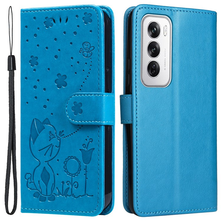 KT Imprinting Flower Series-4 For Oppo Reno12 5G (Global) Phone Case Imprinted Anti-drop Leather Stand Cover - Blue