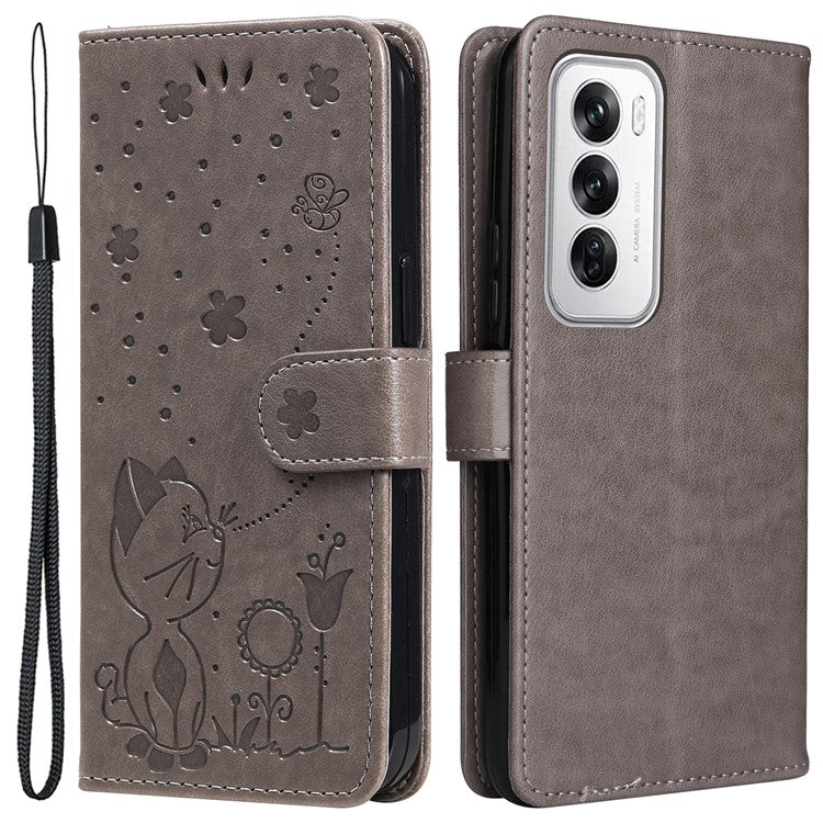 KT Imprinting Flower Series-4 For Oppo Reno12 5G (Global) Phone Case Imprinted Anti-drop Leather Stand Cover - Grey