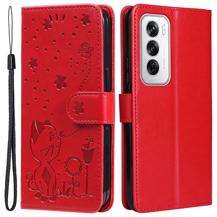 KT Imprinting Flower Series-4 For Oppo Reno12 5G (Global) Phone Case Imprinted Anti-drop Leather Stand Cover - Red